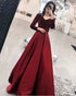 Elegant Full Sleeve Prom Dresses V-Neck 2019 Burgundy Velvet Satin Long Prom Formal Dress